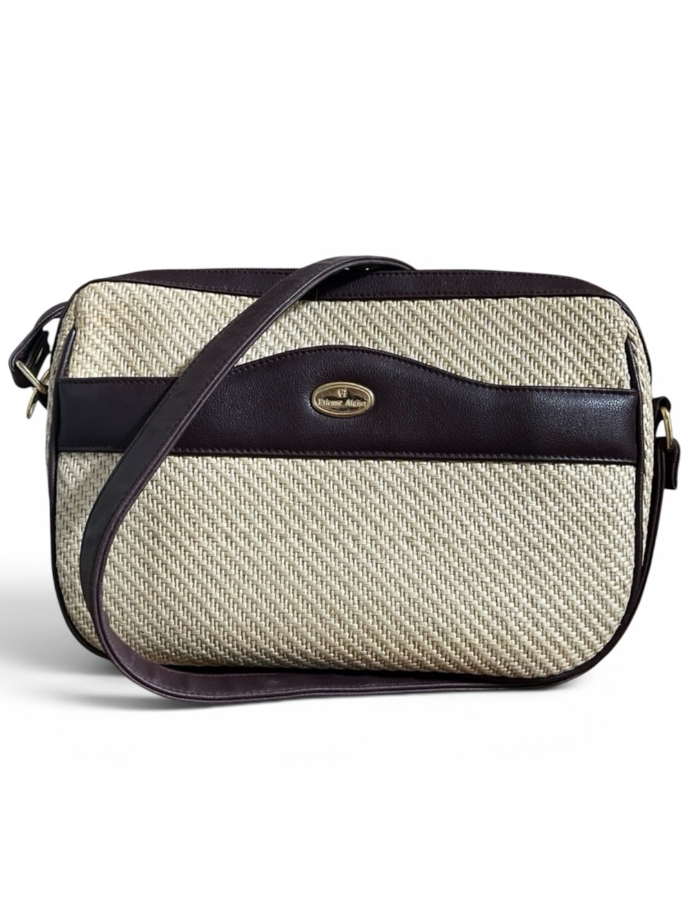 Vintage Etienne Aigner Woven Straw & Faux Leather Crossbody Camera Bag